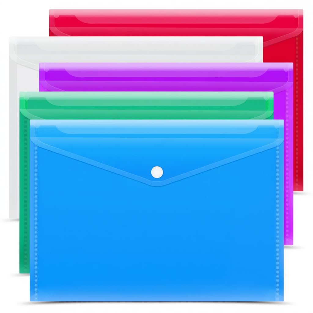 5 Assorted Color A4 Popper Wallets - Clear Plastic Paper Wallets for Document Storage and Office Organization Supplies - Lightweight Transparent Folders with Snap Closure
