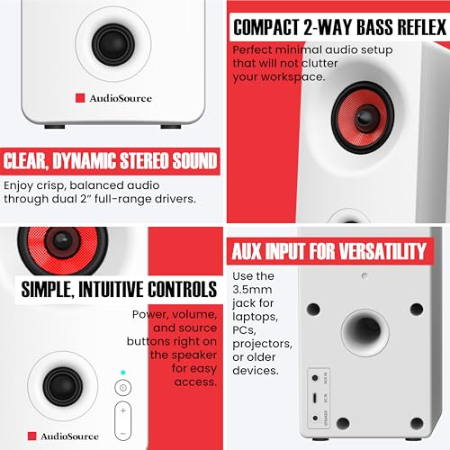 Image of Audiosource Desktop PC Speakers with Bluetooth 5.3, USB-C Plug & Play, 2.0 Stereo Computer Speakers with Dual 2 inch Drivers, Compact Design, AUX Input, LED Indicator (White)