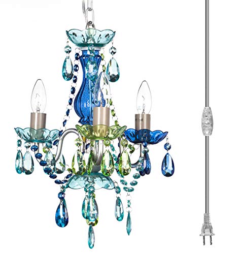 Lowest Price The Original Gypsy Color Plug-in 3 Light Blue Green Hanging Swag Chandelier H17"xW12", Silver Metal Frame with Blue Glass Stem and Multicolor Acrylic Crystals & Beads That Sparkle Just Like Glass