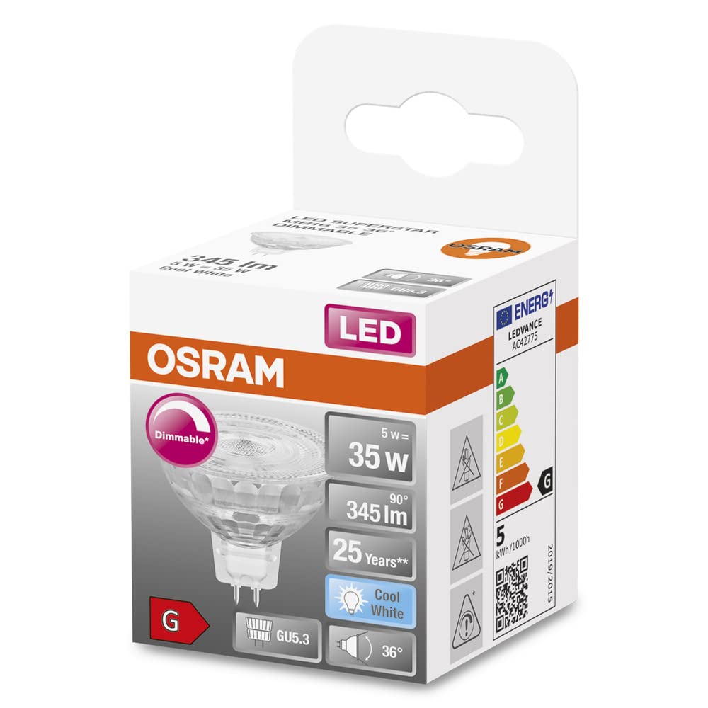 OSRAM Lámpara reflectora Superstar, GU5.3 base, vidrio transparente,Blanco cálido (2700K), 230 Lumen, sustituto de 20W-iluminante 6-paquete