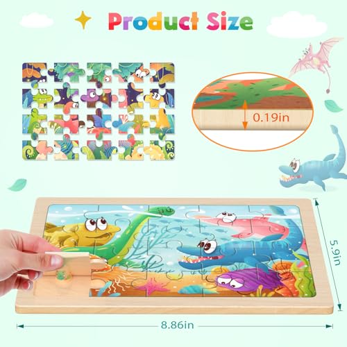 Image of Zeoddler Wooden Puzzles for Kids 3-5, 4 Pack Dinosaur Jigsaw Puzzles for Toddlers, 20 Pieces Preschool Learning Activities, Learning & Educational Puzzles, Gift for Boys, Girls