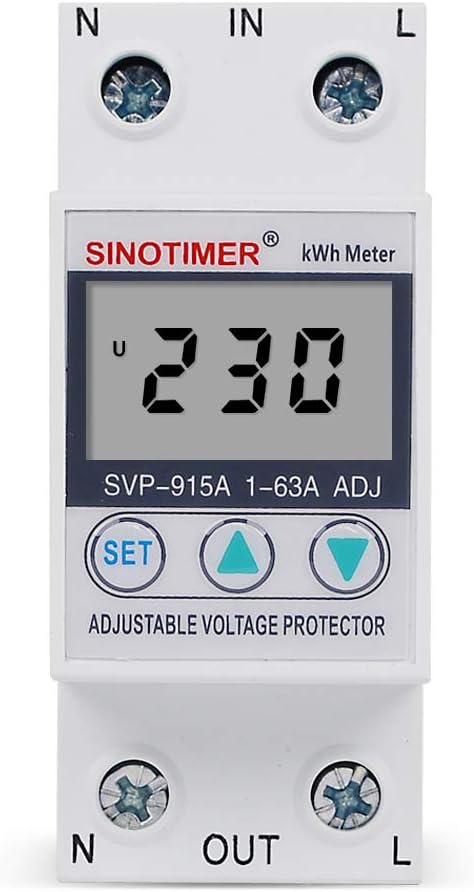 SINOTIMER SVP-915A Single Phase 63A Din Rail LCD Display Adjustable Voltage Protector Protective Device with Over Load Current Protection and Wattmeter