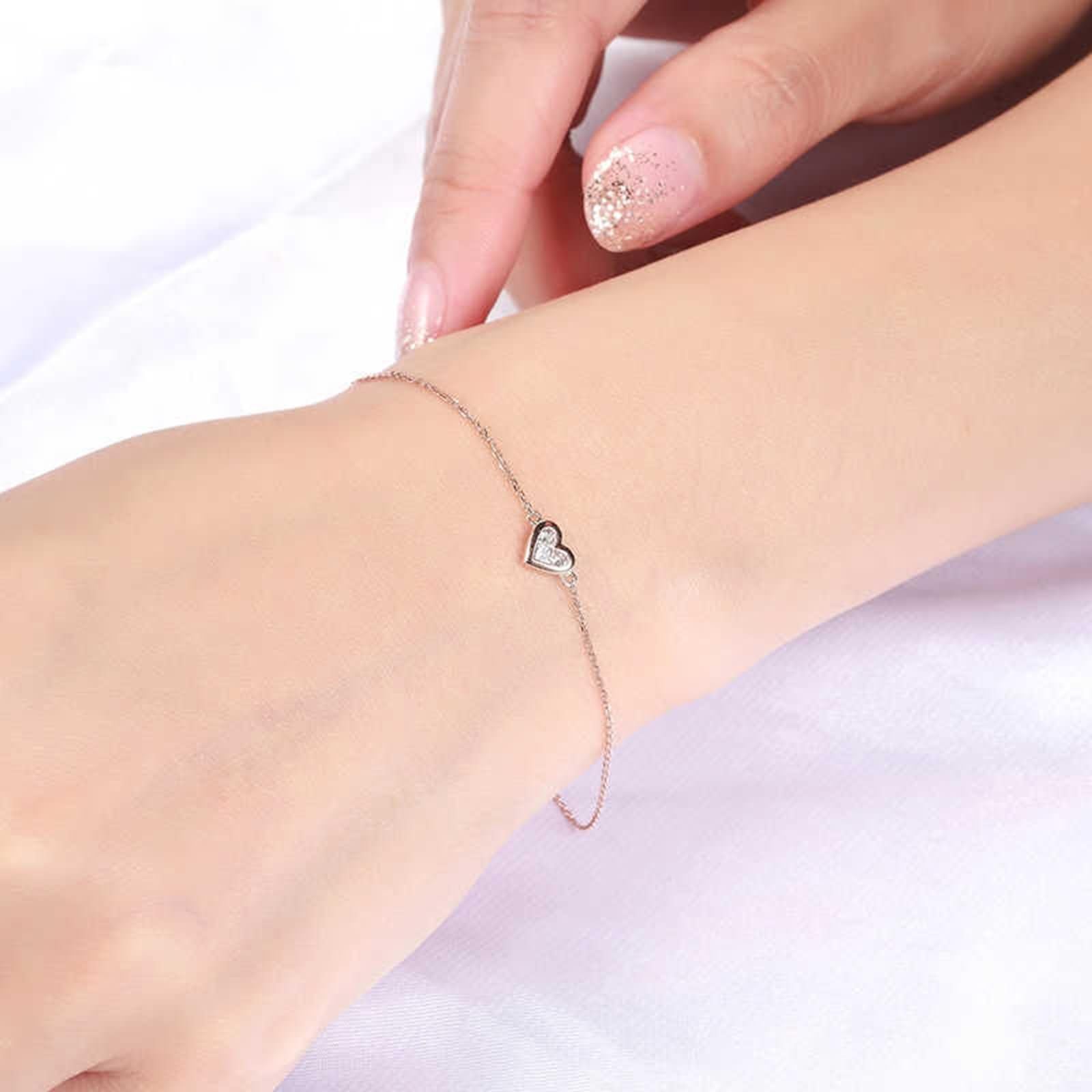 Pulseras de Mujer de Oro Rosa 9K / 14K / 18K, Corazón con Diamante, Cadena Extensible 16 CM + 5 CM, Pulseras de Mujer Ajustable Oro Rosa