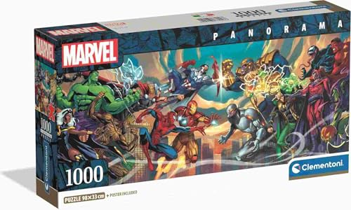 Clementoni - Puzzle adulto 1000 peças Panorama Marvel Heroes Vs Villa Compact Box, personagens Avengers, 37056