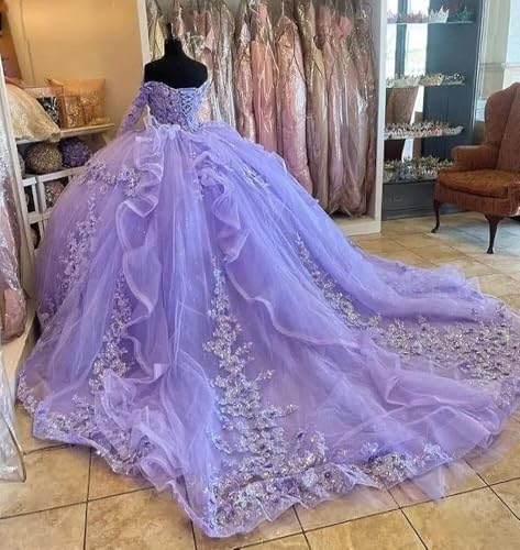 Ruffles Sequin Lace Applique Quinceanera Dresses Off Shoulder Ball Gown with Cape Puffy Lace Tulle Princess Dress4
