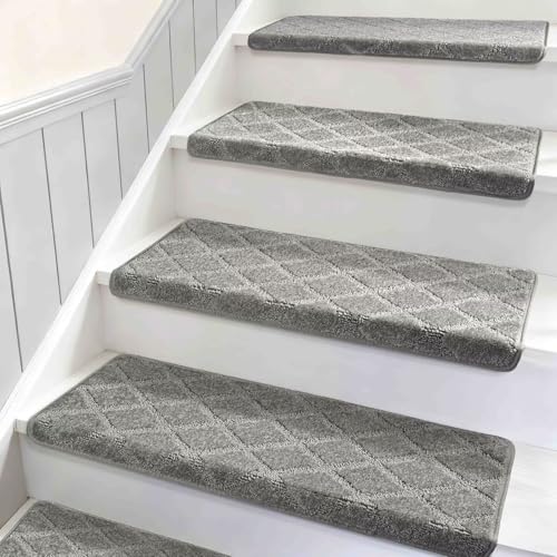 DEXDE Bullnose Carpet Stair Treads 30''x9.5”x1.5'', 14 Pcs Stair Treads for Wooden Steps Indoor, Washable & Non-Slip Stair Runners with Edge Protection Peel and Stick Stair Rugs, Grey