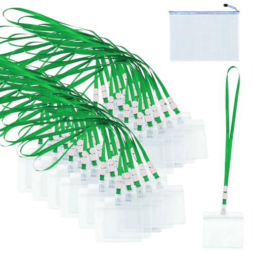 Webirth 名札ホルダー 【50枚】 便利な収納袋つき! 交換用名札予備パーツ付属 首下げ 図面ファイル (グリーン)