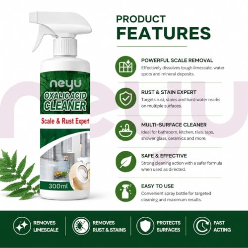 Image of NEYU Oxalic Acid Cleaner Spray for Bathroom, Toilet & Hard Water Stain Removal | Multipurpose Foam Cleaner for Tap, Tiles, Chimney Oil & Grease Remover 300ml (2 Piece)