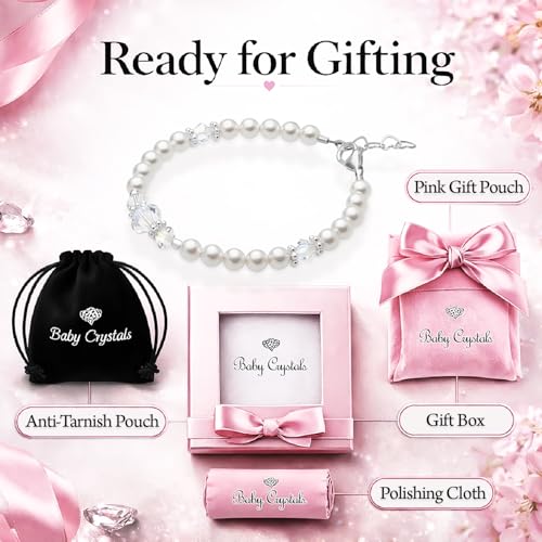 Image of Baby Crystals Toddler Bracelets for Girls I Personalized Baby Gifts I Custom Initial Letter I Sterling Silver Initial Charm I Pearl Bracelet I Kids Jewelry I Keepsake Birthday Gifts