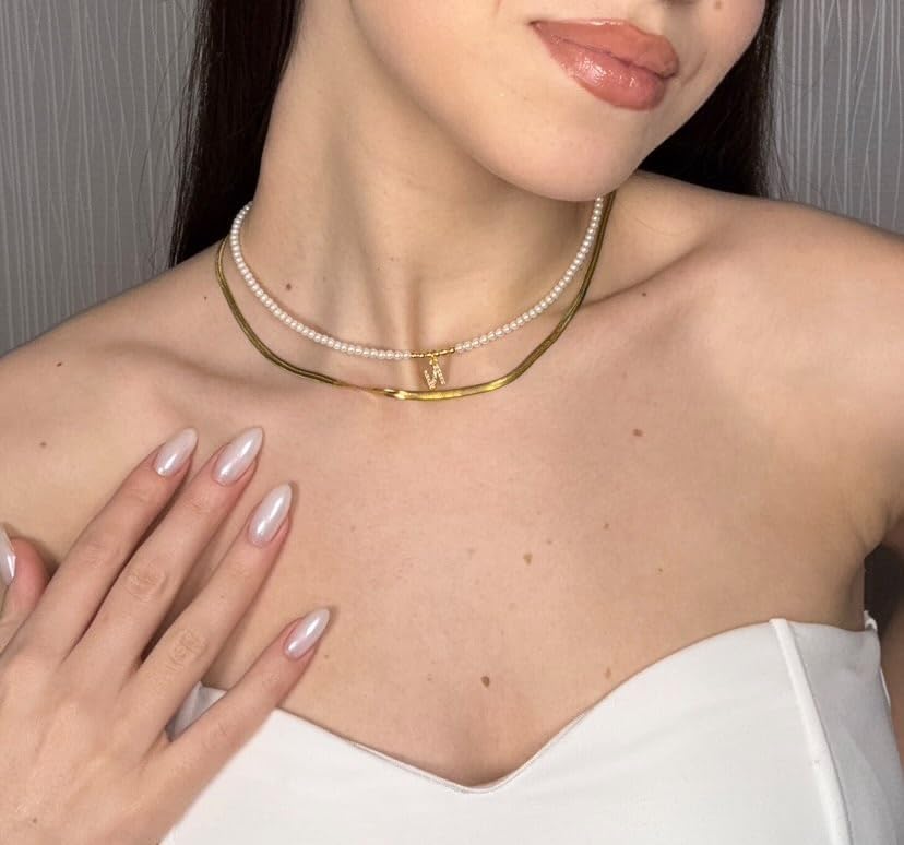 IDOKAWA Gold Initial Pearl Necklaces for Women, Dainty Gold Letter Strands Necklace A-Z Pendant Pearl Choker Necklace Trendy Personalized Monogram Name Necklace Gold Jewelry Necklace for Women Gift - Image 2