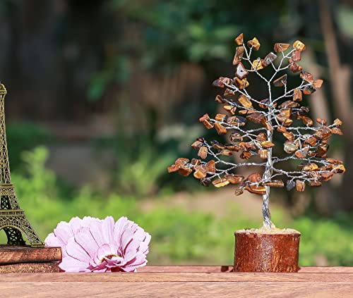 Image of ZAICUS Tiger Eye Stone Tree of Life Feng Shui Bonsai Silver Wire