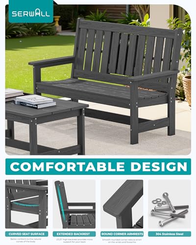 Image of SERWALL HDPE Outdoor Bench with Cup Holder Oversized 58 inch Porch Bench, Grey