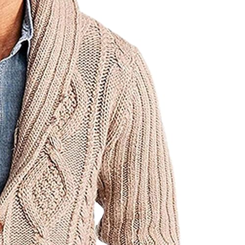 Mens Twists Knitted Sweater Cardigan Cable Knit Shawl Collar Loose Cardigans Stand Collar Cable Knit Button Sweaters (Khaki,Large)3