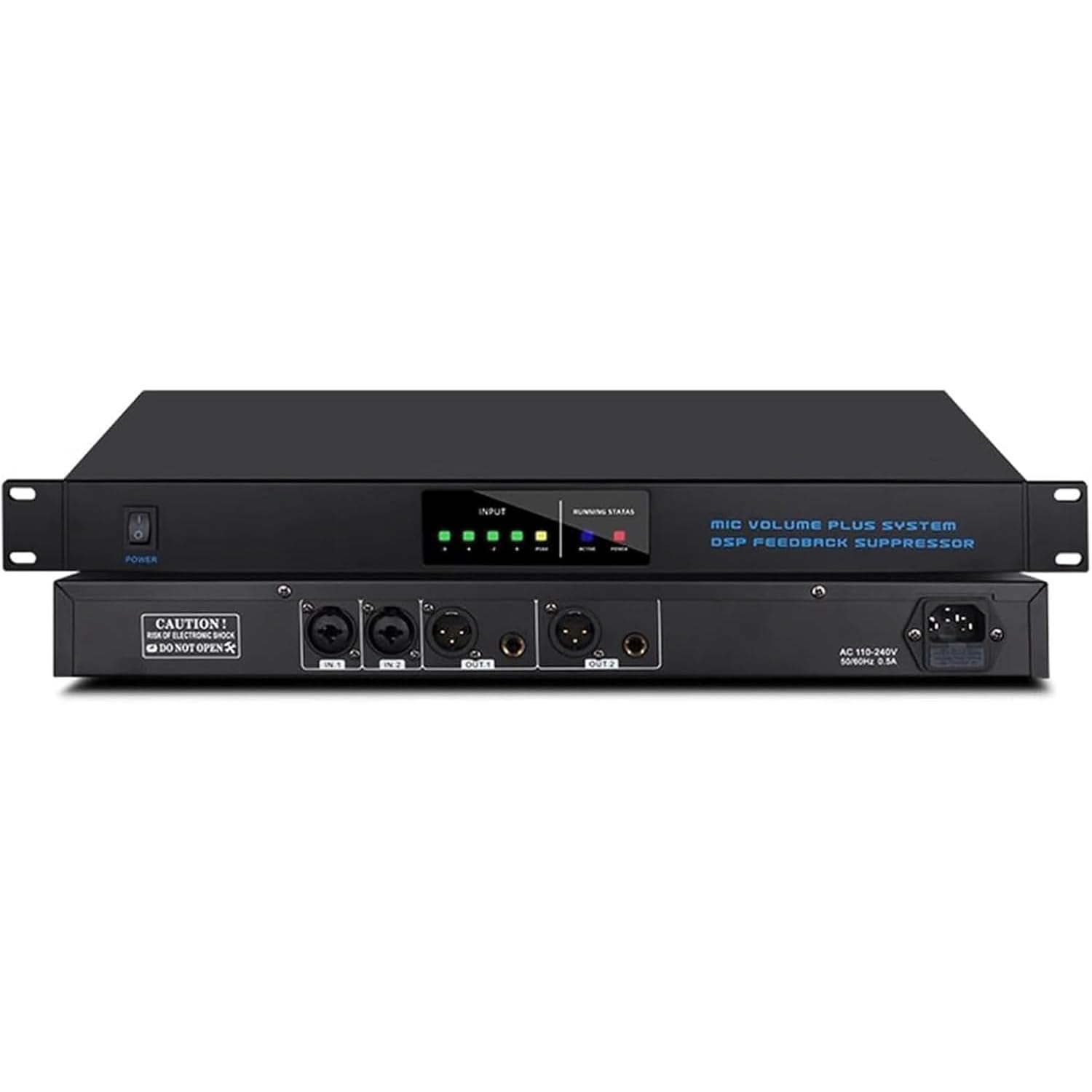 Processore audio digitale con soppressore di feedback 2 in 2 uscite, anti-ululante a 9 livelli, scansiona automaticamente le frequenze ululanti per prestazioni e uso in conferenza