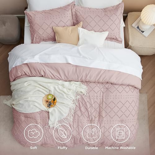 Image of Bedsure Twin Comforter Set - Dusty Rose Comforter, Boho Tufted Distressed Vintage Bedding for Kids, 2 Pieces Farmhouse-Style Bed Set for All Seasons, Fluffy Soft Bedding with 1 Pillow Sham