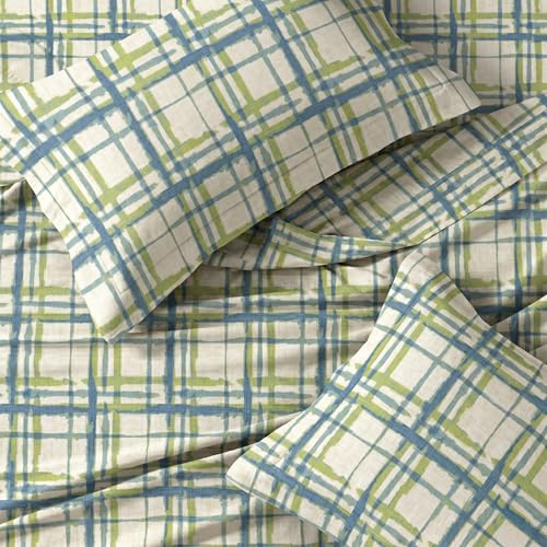 Image of LANE LINEN Symphony | 100% Cotton Sheet Set | Soft & Breathable Fabric | 3 Piece (1 Bedsheet + 2 Pillow Covers) | Super King Bed Sheet Set - Zesty Blue Crosshatch