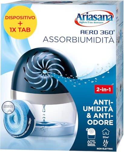 Ariasana Aero 360° Kit de absorción de humedad (1 dispositivo incl. 6 recambios Tab 450 g), deshumidificador no eléctrico y reciclable, absorbentes de humedad contra condensación y moho