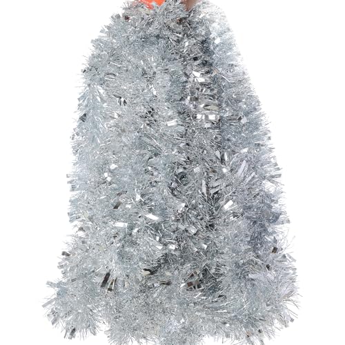 32.8 Feet Christmas Tinsel Garland, Silver Tinsel Christmas Decorations, Chunky Metallic Shiny Garland Christmas Tree Hanging Decorations for Xmas Holiday Indoor Outdoor Party Decor