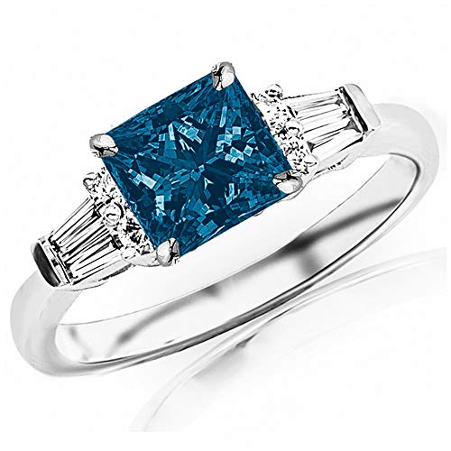 1.35 Carat t.w 14K White Gold Prong Set Round And Baguette Diamond Engagement Ring w/a 1 Carat Princess Cut Blue Diamond Heirloom Quality