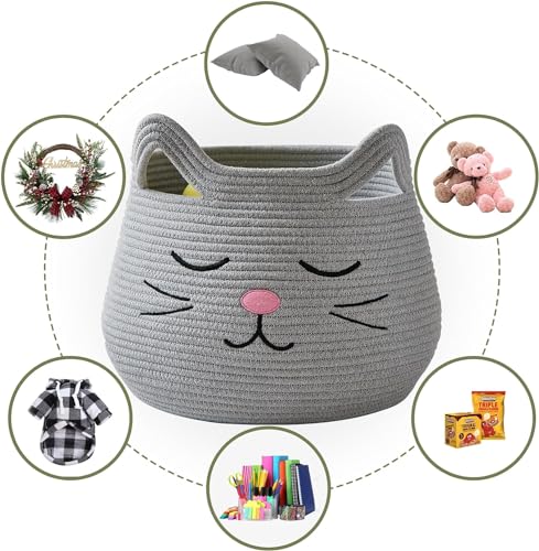 Image of ALBY Woven,Tall Wicker Laundry Basket for Blankets,Clothes,Pillows,Toys,Shoes Large Cotton Laundry Hamper for Bedroom Living Room Bathroom Nursery (15d'' x 12h'' inch, grey cat A)