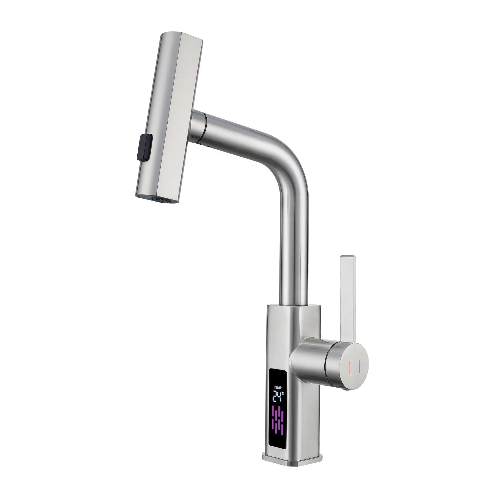 Waterfall Bathroom Sink Faucet with Pull Down Sprayer Single Handle Temperature Display Basin Faucets with 360°Rotating Rainfall Spout,Brushed Nickel Tap for RV