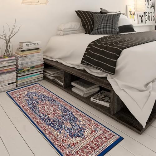 Alfombra larga para dormitorio y pasillos con diseño azul clásico 3
