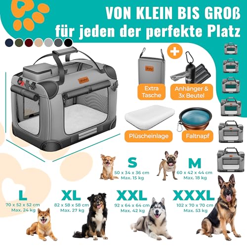 LOVPET® Transportbox Hund Katze Transporttasche XL 82x58x58cm | Hunde-Tragetasche Faltbare Katzentasche | Haustier-Transportbox inkl. Hundenapf & Schultergurt | für Katzen & Hunde Hellgrau