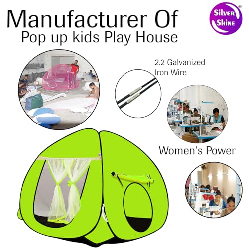 Image of SILVER SHINE Foldable Kids Play Tent House | Pop-Up Playhouse for Boys & Girls (Up to 10 Years) | Multi-Purpose Indoor & Outdoor Tent with Mosquito Net | Fun & Colorful Green Theme