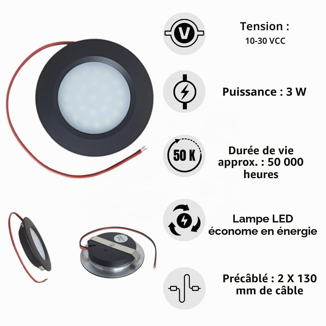 MARVIX Lot de 4 spots LED 12 V à commande tactile avec interrupteur marche/arrêt réglable pour caravane, camping-car ou bateau - Éclairage encastré blanc chaud 3000 k