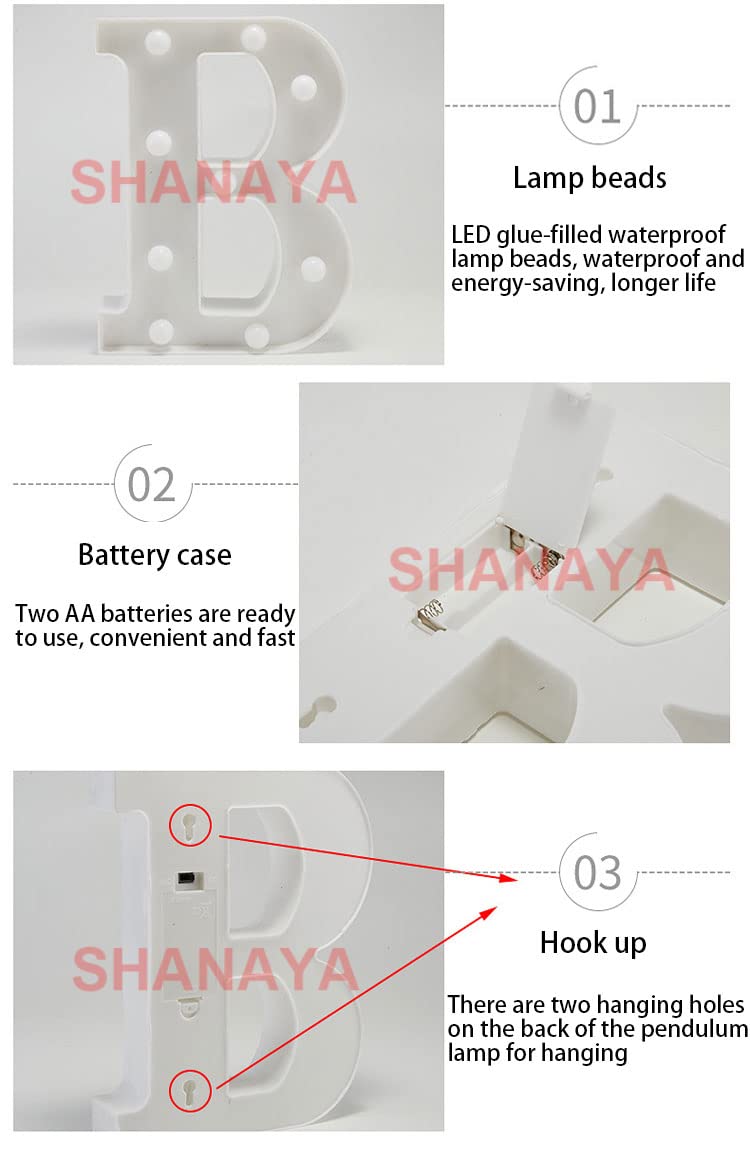 SHANAYA Alphabet LED Letter Lights Number Light Decorative Birthday Wedding Party Home Decor Light Up Plastic English Letters Standing Hanging A-Z for Party Wedding Festival (H) 2