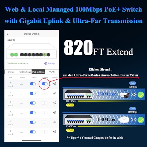Image of 8 Ports 100Mbps PoE Switch with 2 Gigabit Uplink, 802.3af /at PoE, 120W Built-in Power, Extend to 250Meter, Metal Plug & Play, Vlan, QoS, Desktop /Wall Mount