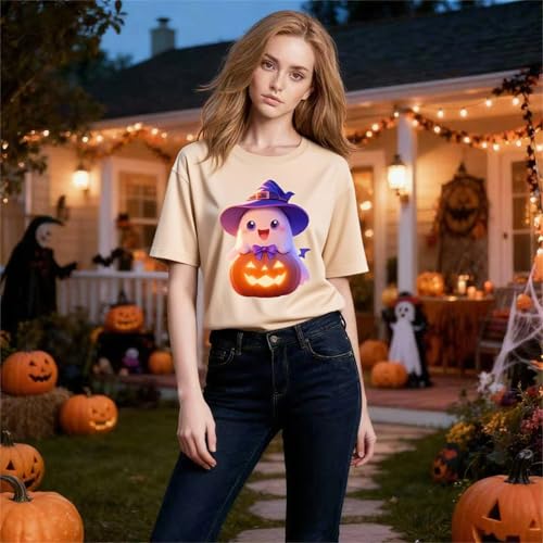 IRUD Halloween Shirts for Women - Pumpkin Ghost Wizard Hat Pattern Round Neck Short Sleeve - image 6