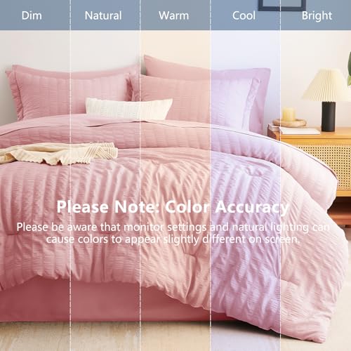 Image of CozyLux Full Size Comforter Sets Pink, 7 Pieces Seersucker Textured Luxury Bed in a Bag, All Seasons Soft Bedding Sets with Down Alternative Comforter, Sheets, Pillowcases & Shams, Bedroom Bed Set