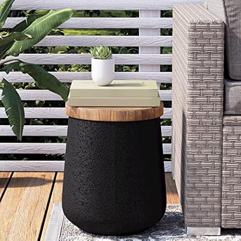 COSIEST Drum End Table Cylinder Shaped Concrete Side Table Faux-Wood Top, Black Outdoor Accent Table with Tree Trunk Slice Hand Painted, Accent Stool Cover
