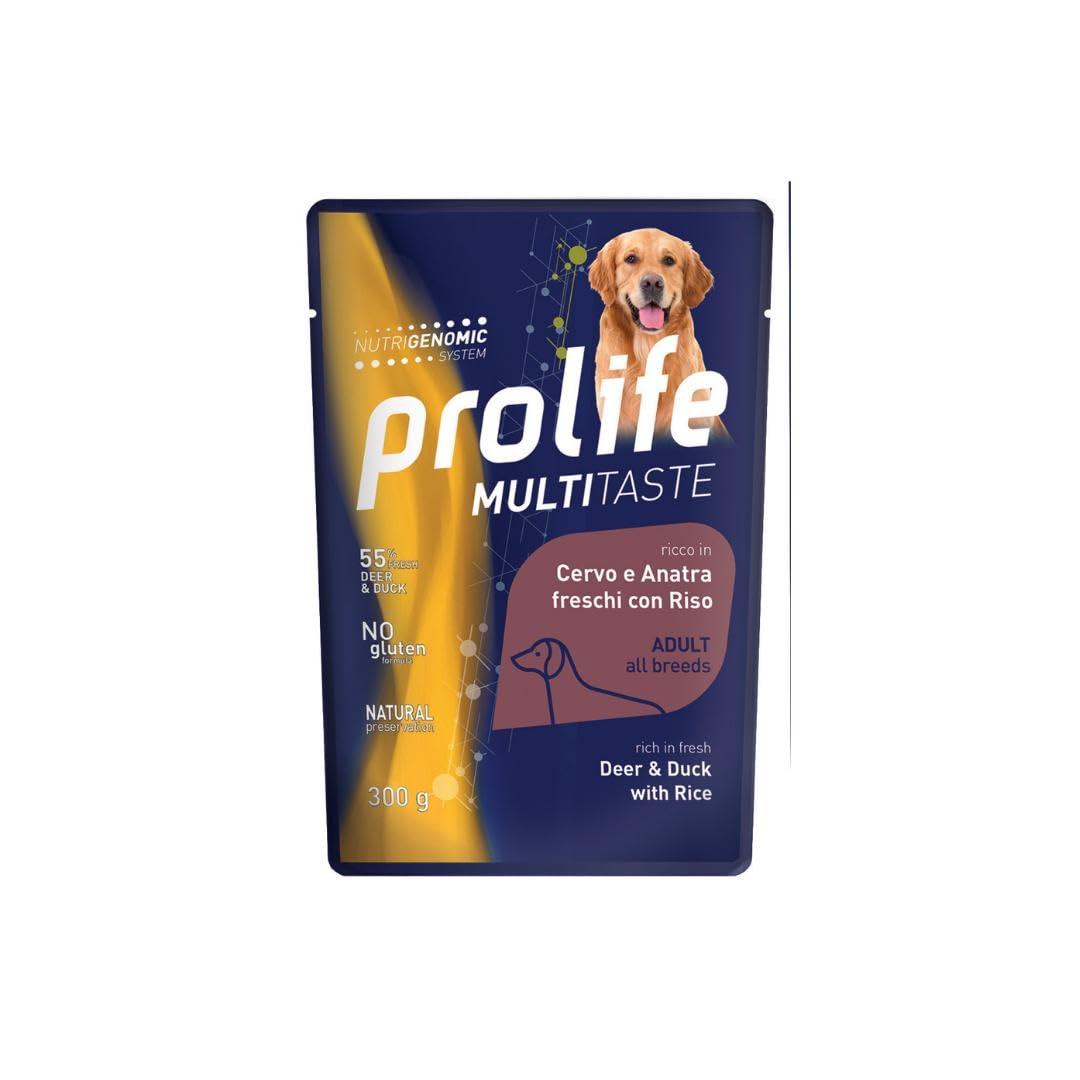 Prolife Umido Cane Multitaste 300gr, alimento completo di qualità per cani adulti di tutte le taglie, gusto CERVO, ANATRA e RISO | 6 bustine da 300 grammi l’una.