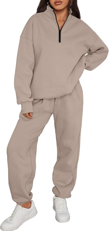 Trendy Queen Womens 2 Piece Zip Up Sweatsuits Fall Lounge Set | Half Zip Pullover Sweatshirts, Baggy Sweatpants with Pockets, Airport Travel Outfits, Comfy Matching Tracksuits Winter
