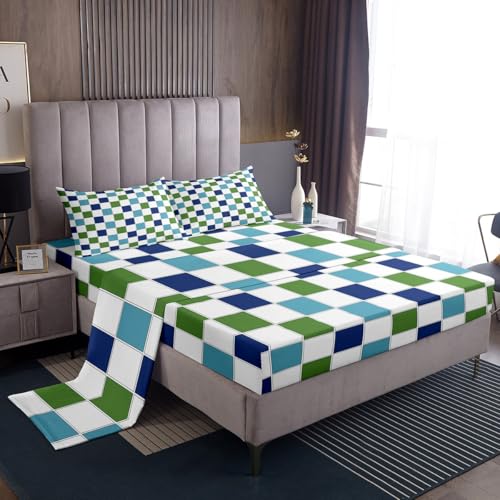 Image of Erosebridal Blue Green Checkered Sheet Set Full Navy Teal White Grids Plaid Bed Sheets Geometric Buffalo Gingham Bedding for Kids Boys Girls,Modern Fashion Bed Sheets Set 4 Piece