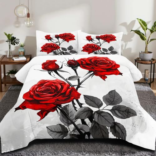 CCoutueChen Red Rose Comforter Set Queen Blooming Flower Bedding Set for Girls Chic Aesthetic Soft Down Comforter with 2 Pillowcases