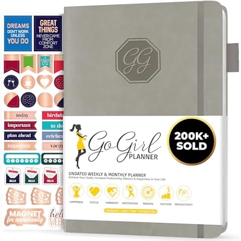 GoGirl Planner and Organizer for Women – Compact Size Weekly Planner, Goals Journal & Agenda to Improve Time Management, Productivity & Live Happier. Undated – Start Anytime, Lasts 1 Year – Gray Cover