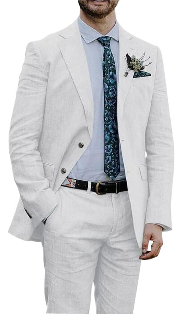 Botong Linen Suit for Men 2 PC Notch Lapel Summer Wedding Tuxedos Lightweight Prom Party Suit White 34 Chest / 28 Waist