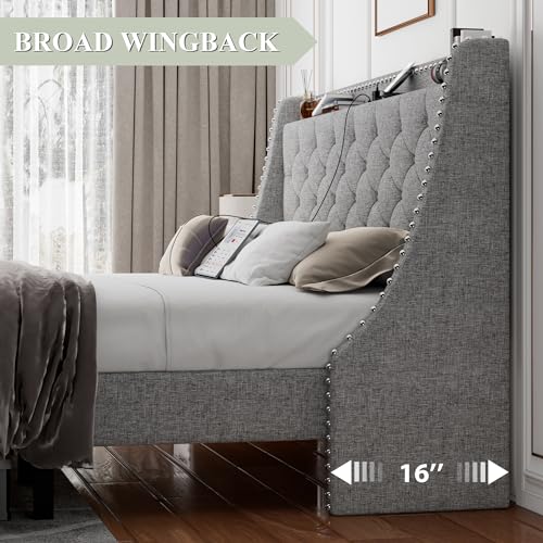 Feonase King Bed Frame with Luxury Wingback Upholstered Button Tufted Storage Headboard, King Platform Bed with Charging Station, Sturdy Wooden Slats Support, Noise-Free, Easy Assembly, Light Gray
