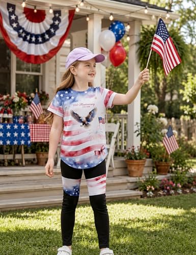 Image of Girls 2 Piece Outfits Kids Clothes Pants Sets Print Short Sleeve Top Leggings Spring Summer Tracksuit 4-13Y