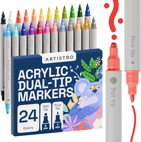ARTISTRO 24 Colors Acrylic Paint Pens, Art set Acrylic Paint Markers Dual Tip (Fine 1mm + Dot 5mm), Acrylic Markers for Fabric, Canvas, Rock, Glass, Wood, Paper, DIY, Paint Markers for Kids and Adults
