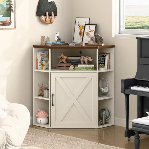 Vabches Corner Cabinet, Corner Storage Shelf with USB Ports and Outlets Industrial Organizer for Small Space Wooden 6-Cubby Bookshelf for Study, Playroom, Living Room (Off White)
