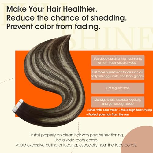 Image of Full Shine Balayage Hair Extensions Real Human Hair Tape ins Color 2 Brown Ombre 60 Blonde Highlight 2 Brown 16Inch Double Sided Tape Extensions Remy 50Gram Seamless Skin Weft 20Pcs for Wedding