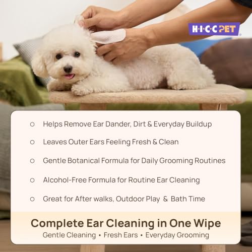 Image of HICC PET Ear Cleaner Finger Wipes for Dogs & Cats, Unscented, 50 Count | Removes Ear Dander, Dirt & Debris for Fresher Ears, Gentle Extra-Large Finger Wipes for Daily Ear Cleaning