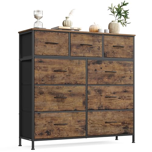 SONGMICS Kommode, Schrank, 9 Stoffschubladen, Aufbewahrungsschrank, Stahl, MDF, Vliesstoff, für Schlafzimmer, Flur, Wohnzimmer, vintagebraun-tintenschwarz LGS324BH04