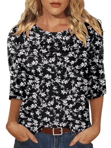 KISSMODA Women's Casual 3/4 Sleeve T-Shirts Round Neck Cute Tunic Tops Basic/Pleated Summer Tops Trendy Spring Blouses