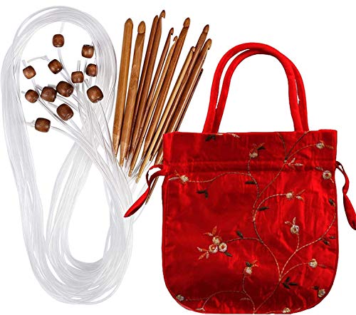 Case of Carbonized Bamboo Crochet Afghan Tunisian Crochet Hooks Set with Plastic Cable Bamboo Crochet Knitting Needles Hooks Kit Yarn Knitting Needles Set Scarf Blanket Garment 12 Sizes