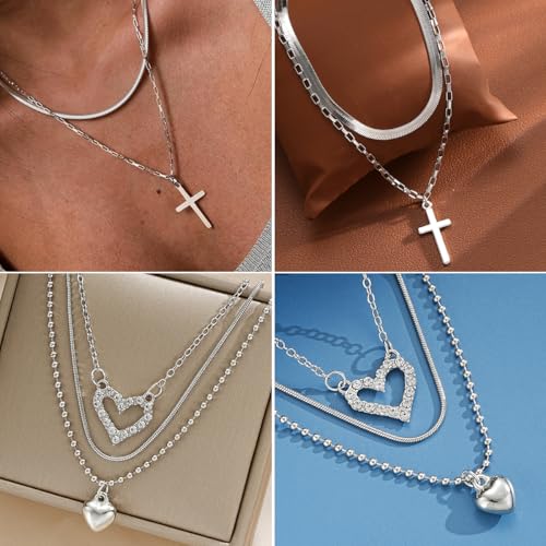 92 PCS Silver Plated Jewelry Set with 8 PCS Necklace, 19 PCS Bracelet, 44 PCS Stud Hoop Earring, 21 Pcs Knuckle Rings for Women Valentine Anniversary Friendship Gift4